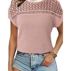 NEW SHEWIN hollow patchwork waffle knit top in light pink